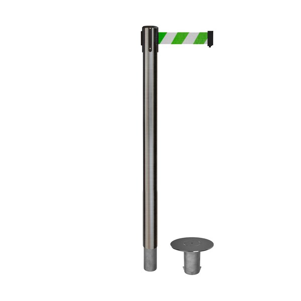 Montour Line Stanchion Belt Barrier Removable Base Sat.Steel Post 11ft.Grn/Wh Belt P400R-SS-GWD-110 - main